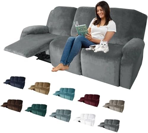 MAXIJIN 8 Pieces Recliner Sofa Covers, Stretch Velvet Reclining Couch Covers for 3 Cushion Furniture Covers, Thick Soft Washable Reclining Sofa Slipcovers (Sofa Recliner, Grey)