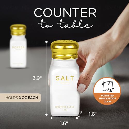 Image of Gold Salt and Pepper Shakers Set by Brighter Barns - Modern Kitchen Decor, White and Gold Kitchen Decor & Accessories - Vintage Glass Shakers with Stainless Steel Lids for Home, Restaurant