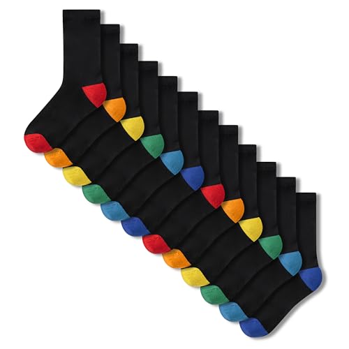 The Essentials Wardrobe Jungen Kinder Socken 12er-Pack Schwarz Bunte Ferse & Spitze Socken Strapazierfähig Bequem Baumwollmischung mit Elasthan Stretch Gerippt Bündchen Rutschfester Halt