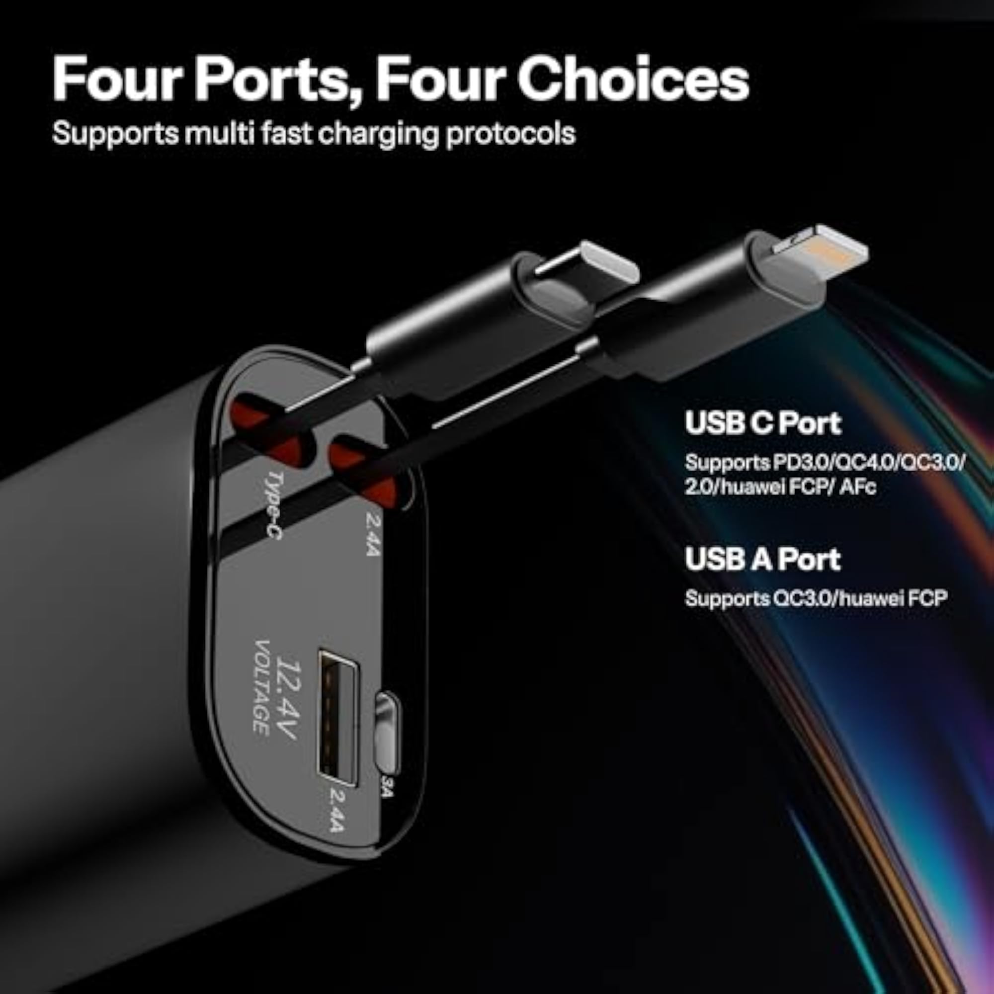 120W High-Speed 4-in-1 Car Charger, Universal Fast Charging