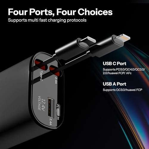 Image of AILKIN 120W 4 in 1 Retractable Car Charger,Fast Car Phone Charger,Retractable Cables & 2 USB Ports Car Adapter for Android Phones & iPhone 17 /16 /15 /14 /13 /12 /11 Pro Max,Xr,Ipad,Dash Cam & Other Devices