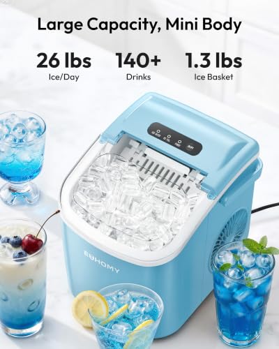 Image of EUHOMY Countertop Ice Maker Machine with Handle, 26lbs Per Day, 9 Ice Cubes Ready in 6 Mins, Auto-Cleaning Portable Ice Maker with Basket and Scoop, for Home /Kitchen /Camping /RV (Blue)