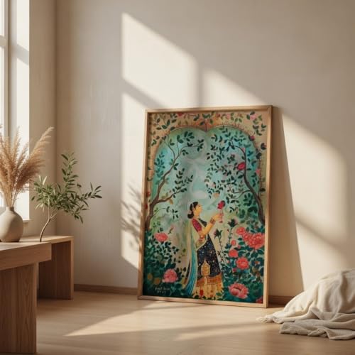 Image of Livin'luxe Vintage Garden Lady Wall Art with Wooden Frame | Floral Nature HD UV Laminated Print on MDF | Elegant Indian Woman Painting for Living Room Bedroom Decor