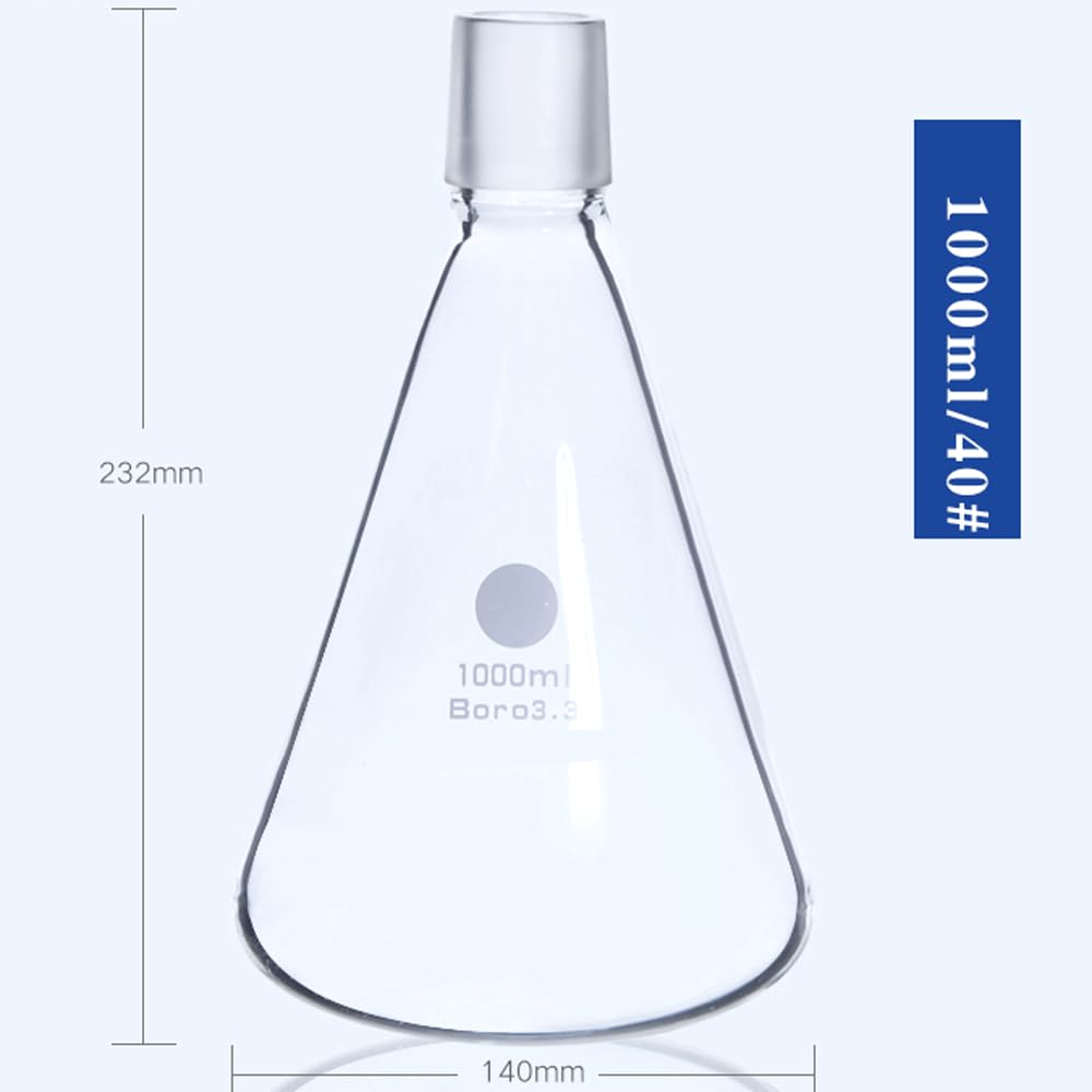 Matraz Erlenmeyer Graduado de Borosilicato, Matraz cónico de boca esmerilada de vidrio de 250 ml a 2000 ml for kit de filtración con núcleo de arena, experimento de laboratorio(1000ml 40-38)