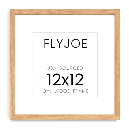 Image of FLYJOE 12x12 Oak Wood Square Picture Frame with Mat for 8x8, 12 by 12 USA-Sourced Natural Solid Wooden Photo Frame for Wall Display, Shatterproof Plexiglass, Hanging Hardware Included, 1 Pack, Natural