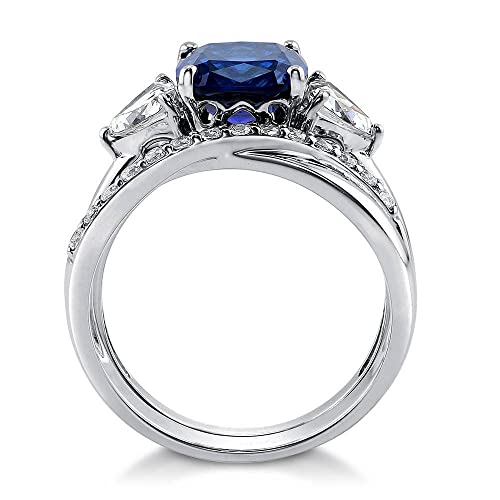 BERRICLE Sterling Silver 3-Stone Wedding Engagement Rings 3 Carat Simulated Blue Sapphire Cushion Cut Cubic Zirconia CZ Infinity Ring Set for Women, Rhodium Plated4