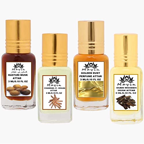 Image of Mayin Golden Dust, Kasturi Musk, Chandan-E-Khass, Oudh Wooden Musk Spray (Natural Itra /Attar /Perfume) Attar Gift Pack For Unisex, 12ml (Pack Of 4)