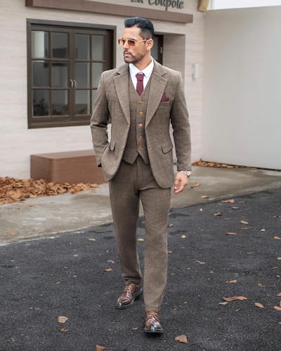 Wemaliyzd Vintage Men's Suit 3 Piece Plaid Tweed Herringbone Suits for Wedding Business Blazer Vest Pants2
