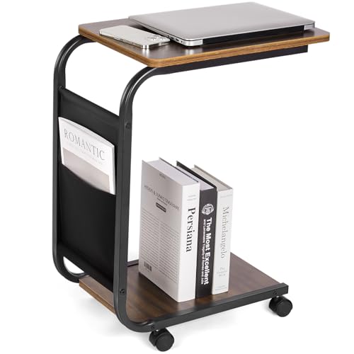 Yorbay Mesa auxiliar sofá de madera, mesa de sofá con ruedas y bolsa de almacenamiento, mesa de café móvil en forma de C con estructura de metal, 45 x 30 x 65 cm, mesas auxiliares para sala de estar