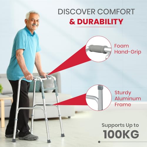 Image of AGEasy (Max Group) Walker for Senior Citizens | Adjustable Height Adult Walker for Patients | Lightweight & Sturdy Walking Stand for Old People | Foldable Walking Aid for Men & Women (Silver)