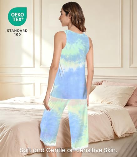 Image of NACHILA Pajamas Set for Women-Viscose Made from Bamboo, Lace V Neck Pj Tank Top Capri Pants Sleeveless Pjs Soft Sleepwear