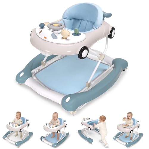 Image of 5-in-1 Convertible Baby Walker with Steering Wheel Music Activity Center – Infant Rocker, Jumper, Push Walker, Bouncer & Feeding Foldable Walker for Ages 6-18 Months Boys Girls (Haze Blue)
