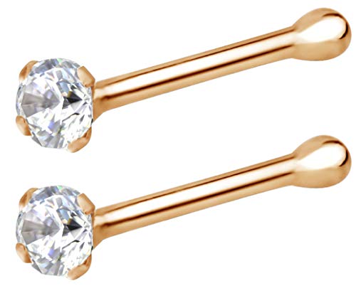 Forbidden Body Jewelry FBJ 14k Nose Ring, 22g, Solid 7mm Micro Stud, 2mm CZ Simulated Diamond, Non-Irritating Skin Safe Real Gold, Women/Men (Sold Individually)