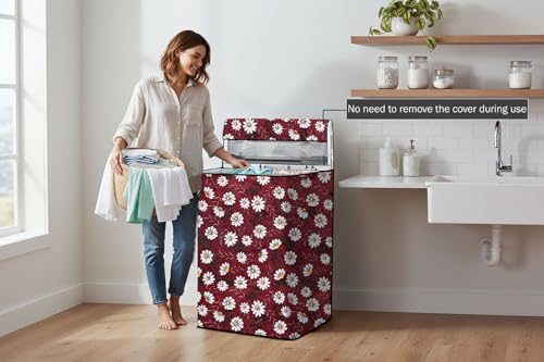 Image of Stylista PVC Washing Machine Cover Compatible for LG 10 KG Fully-Automatic Top Load T10SJMB1Z, Floral Pattern Red White