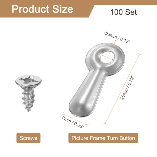 Image of uxcell 100Pcs Picture Frame Turn Button, Frame Backing Fasteners with 100Pcs Screws, Frame Hardware for Hanging Pictures Photos Posters, Silver