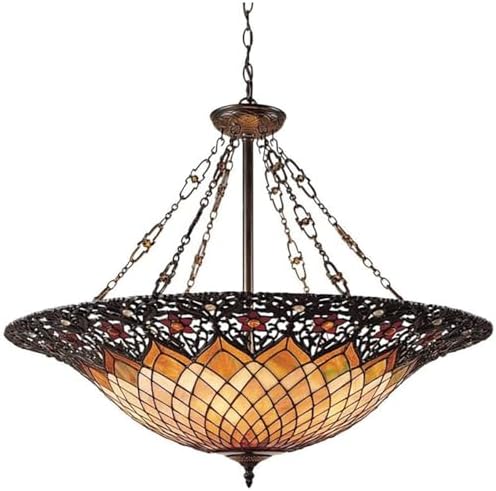 Quoizel Adriana Pendant Lighting, 32 Inch 6-Light Hanging Tiffany Style Bowl Lamp Shade, Max Adjustable Height 130.5", Vintage Bronze Patina Stained Glass Pendant Light for Kitchen, Dining or Foyer