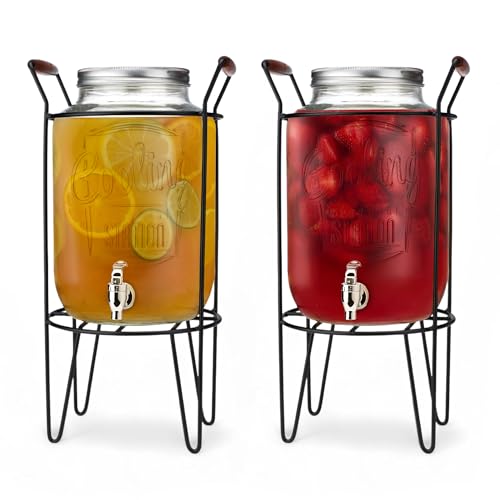 2 PACK-2 GALLON Drink Dispensers for Parties, Cooling Station Beverage Dispensers with Stand, Glass Water Jug Dispenser, 100% Leakproof Spigot Perfect For And Daily Use