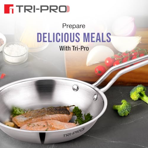 Image of TriPro TriPly Stainless Steel 4 Pcs Cookware Set - Kadai 22cm (2L) with Glass Lid, Frypan 22cm (1.2L), Saucepan 14cm (1L), Consumes Less Oil, Healthy Cooking - Induction and Gas Stove Ready