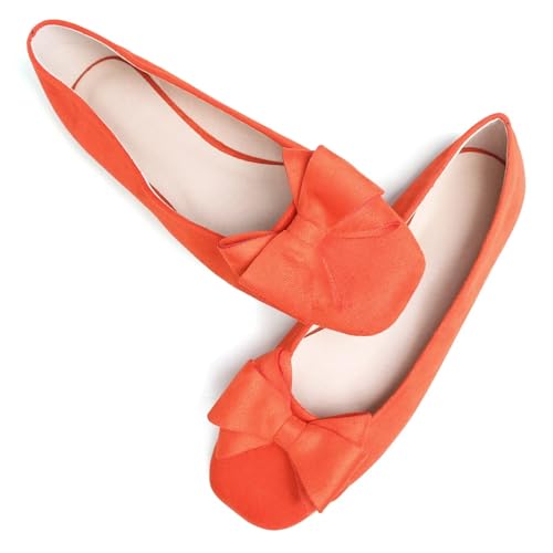 HuangTaiJi Qing Women's Bow-Knot Ballet Flats Suede Square Toe Dressy Flat Shoes Comfortable Walking Slip-On Loafers3