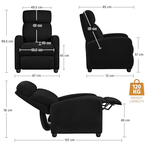 Yaheetech Recliner Armchair Single Padded Seat Boucle Fabric Sofa Lounge Home Living Room Theater Adjustable Leg Rest and Reclining Functions Black - Image 2