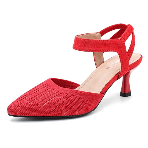 Women's Pointed Toe Kitten Heel Sandals, Knit Fabric, Elastic Ankle