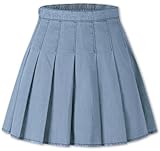 SANGTREE Denim Pleated Skirt, Women Jean Mini Skirt, Casual A-line High Elastic Waist Skater Skirt Light Denim Blue US M