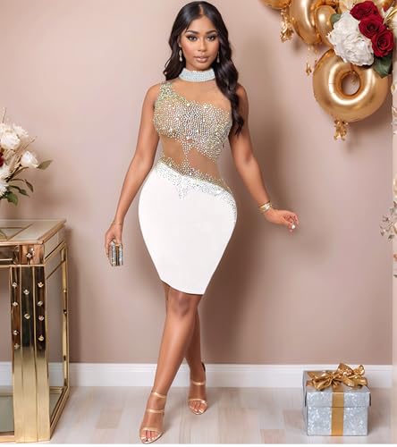 Image of Jigfar Women's Sexy Rhinestone Sheer Mesh See Through Bodycon Dress Birthday Party Club Night Outfits