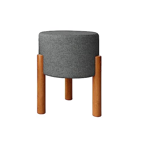 Puff Banquinho Redondo Decorativo em Linho Pés Madeira Maciça Cor Cinza - Thor – Lojas MS Decor