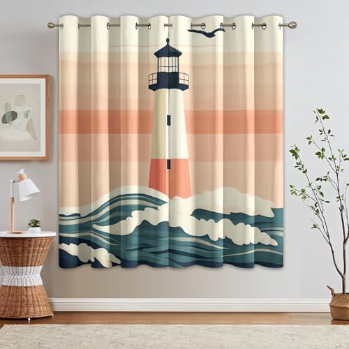 Ocean Wave Lighthouse Curtains Blackout, 46x54 Inch 2 Panels - Sunset Seagull Coastal Pattern Black Out Curtains, Home Decor, 54 Drop Eyelet Window Drapes for Bedroom, Living Room QO&112 - Image 3