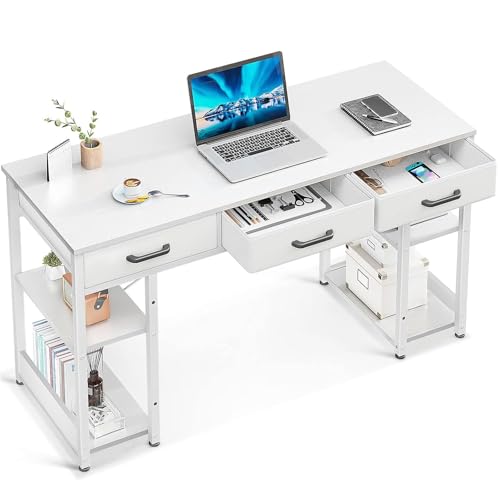 ODK Office Small Computer Desk: Home Table with Fabric Drawers & Storage Shelves, Modern Writing...