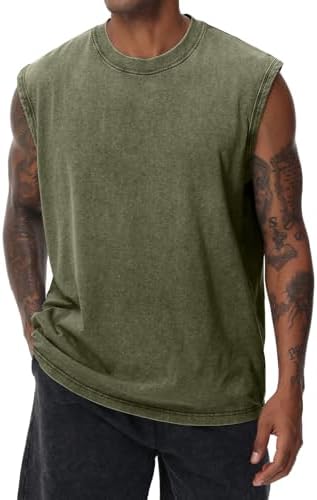 Herren Kurzarm Sommer Ärmelloses Shirt, Männer Fitness ärmellos Weste, Washed Sleeveless t-Shirt, Workout, Fitnessstudio, Baumwolle