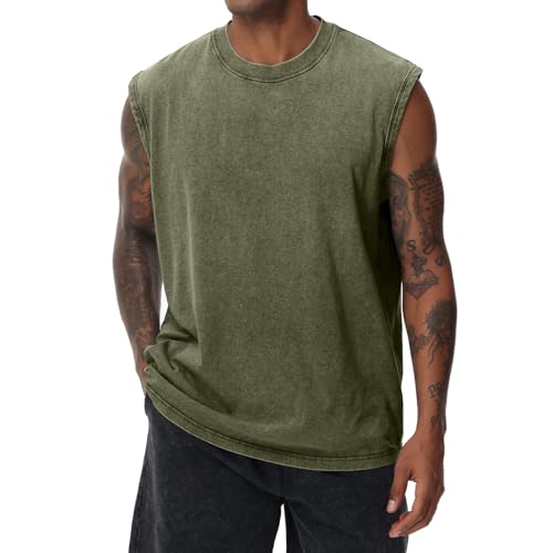 Mens Cotton Sleeveless Tank Tops Cut Off Muscle Gym T Shirts Running Beach Loose Fit Tees(AG L) Army Green