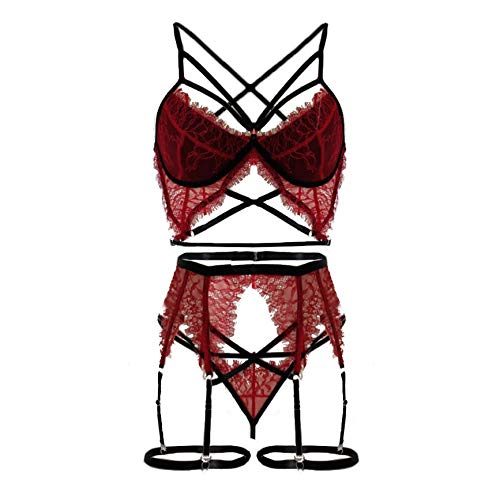 Jarretiere Femme Collant Jarretelle Intégré sous Femmes Lingerie Sexy Set Plus Taille sans Fil Soutien-Gorge avec jarretière M-3XL Robe Sexy Femme Érotique Hot Ensemble Porte (Red, M)