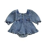 Geagodelia Robe en jean pour petite fille - Jupe trapèze boutonnée - Manches longues bouffantes - Ourlet bouffant - Ourlet bouffant - Concours de beauté, baptême, mariage, soirée, fête d'anniversaire