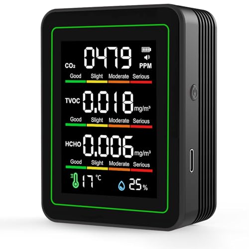 5 in 1 Innenluftqualitätstester CO2 Monitor für zu Hause | CO2 Monitor mit Formaldehyd TVOC Detektion Temperatur- & Feuchtigkeitsmesser Luftmonitor für zu Hause Autos Pflanzen Haustiere (Schwarz)