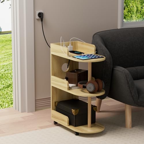 Wohenster Mesa Auxiliar Estrecha con Ruedas, Mesillas de Noche Dormitorio con Enchufes y Puertos USB, Mesita de Noche Minimalista de Madera con Función, Estación de Carga Salón, 50x30x73cm, Beige