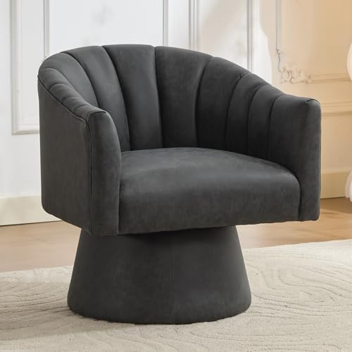 Swivel Accent Chair, Faux Leather 360° Swivel Barrel Chair Upholstered Modern Living Room Chair, Overstuffed Reading Armchair for Bedroom,Vanity,Office-Black 1 Black-leather