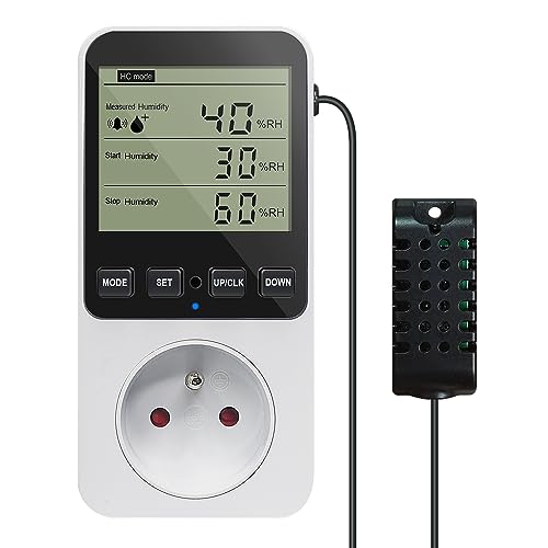 KETOTEK Digital Contrôleur Humidité/Température, Prise Hygrostat avec Sonde, Regulateur D'humidité 230V avec Alarme pour Incubateur Serre Humidificateur Déshumidificateur