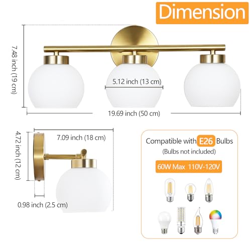 Image of 3 Light Bathroom Vanity Light, 20 inch Brushed Gold Bathroom Light Fixtures Over Mirror with Milky White Glass Globe Shade, Mid Century Modern Brass Wall Sconces, E26 Socket