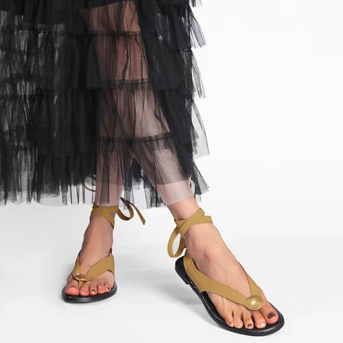 Strap Flip Flop Flat Sandals for Women with Metal Circular Ankle Strappy Ladies Fashion Cute Summer Thong Sandals Dressy.
