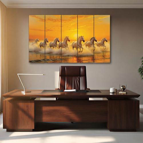 Image of The Castle Decor Running Horses with Rising Sun Vastu Painting | Wooden Frame Multi-Panel Wall Art for Living Room (Multi Color - Design 7, 27x48 Inch)