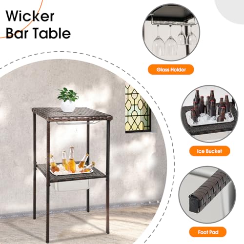 Sundale Outdoor 3 Pieces Wicker Bar Furniture Set For 2, Patio Stools And Bar Set With Glass Holder & Ice Bucket thumb #3