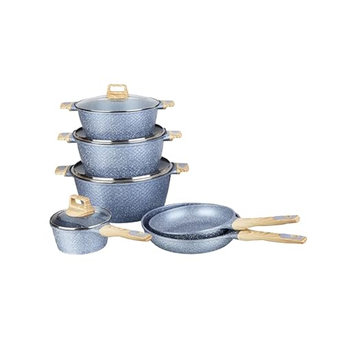 Mettmann Professional - Batería de cocina (10 piezas, mango de madera, para todo tipo de fuegos, incluye inducción, revestimiento antiadherente, juego de ollas, utensilios de cocina, 10 piezas, color