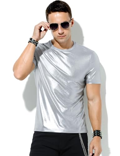 Casey Kevin Herren Metallic Glänzend Shirt Solides Goldenes Silber Hemd Glitzer Nachtclub T-Shirts 70er 80er Disco Bronzing Party Kostüm, M