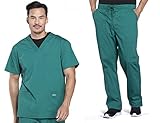Men Scrubs Set Workwear Professionals WW695 V-Neck Top & WW190S Tapered Leg Fly Front Cargo Pant, Hunter Green- XS Top/XS Short Pant