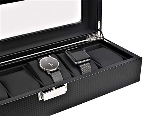 Mantello Watch Box For Men - 6 Slot Luxury Carbon Fiber Watch Case, Watch Box Organizer For Men, Gifts For Him, Metal Buckle - Black #TOP2