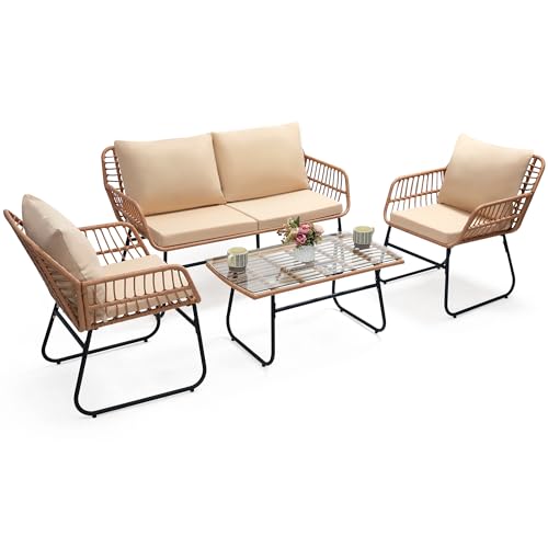 Image of Kromax 4-Piece Patio Bistro Outdoor Furniture Set, Natural /Beige | Outdoor All-Weather Wicker Furniture Chairs and Side Table Set, Ideal for Balcony, Porch and Backyard
