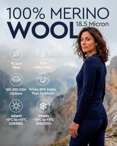 Image of MERINNOVATION Merino Wool Base Layer Set for Women 100% Merino Wool Thermal Underwear Sets Lite - Midweight Top Tank Bottom