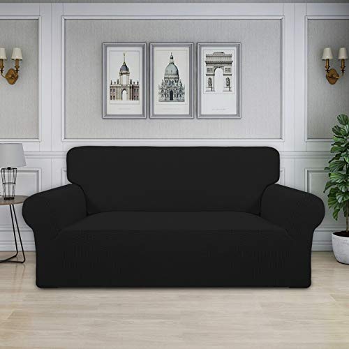 Image of Easy-Going Stretch Oversized Loveseat Slipcover 1-Piece Sofa Cover Furniture Protector Couch Soft with Elastic Bottom for Kids Polyester Spandex Jacquard Fabric Small Checks Black