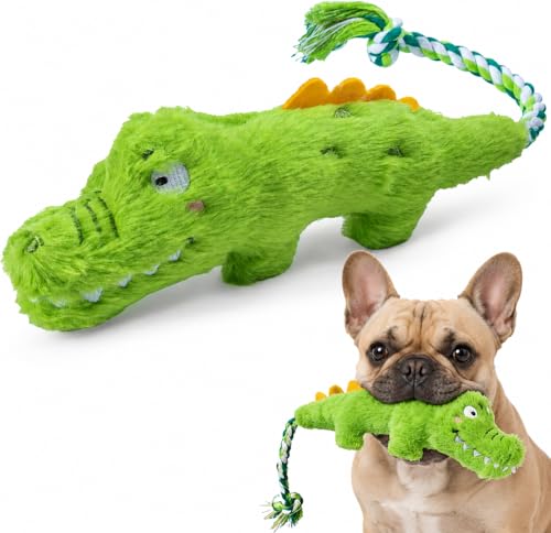 KesterlsShopping Squeaky Plush Crocodile Dog Toy with a Rope Tail Crinkle Stuffed Dog Toy Keep Them Busy Tug of War Training Play Dog Chew Toys for Small Dogs (Green)